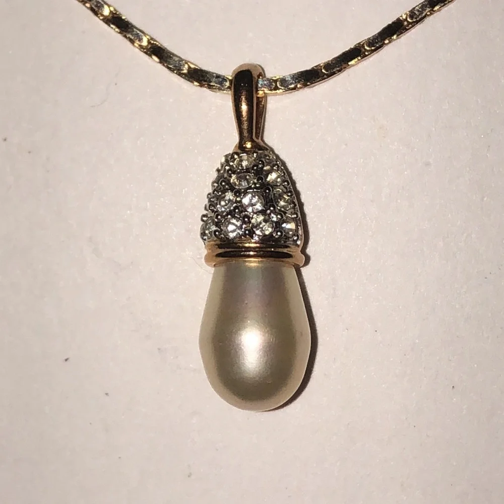 Crystaline Brand Gold Tone Faux Pearl CZ Rhinestone Pendant Necklace